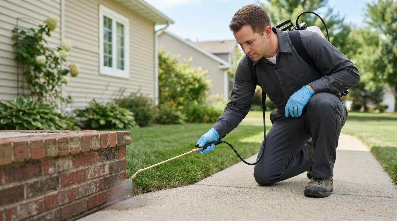 Pest control technician treating a home near Mehama, OR